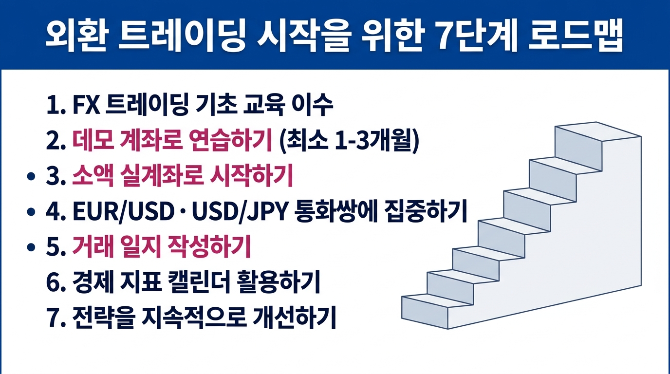 외환 거래를 처음 시작하는 초보 투자자를 위한 단계별 실전 가이드. 교육 이수부터 데모 계좌, 소액 실거래까지의 과정을 도식화한 인포그래픽.