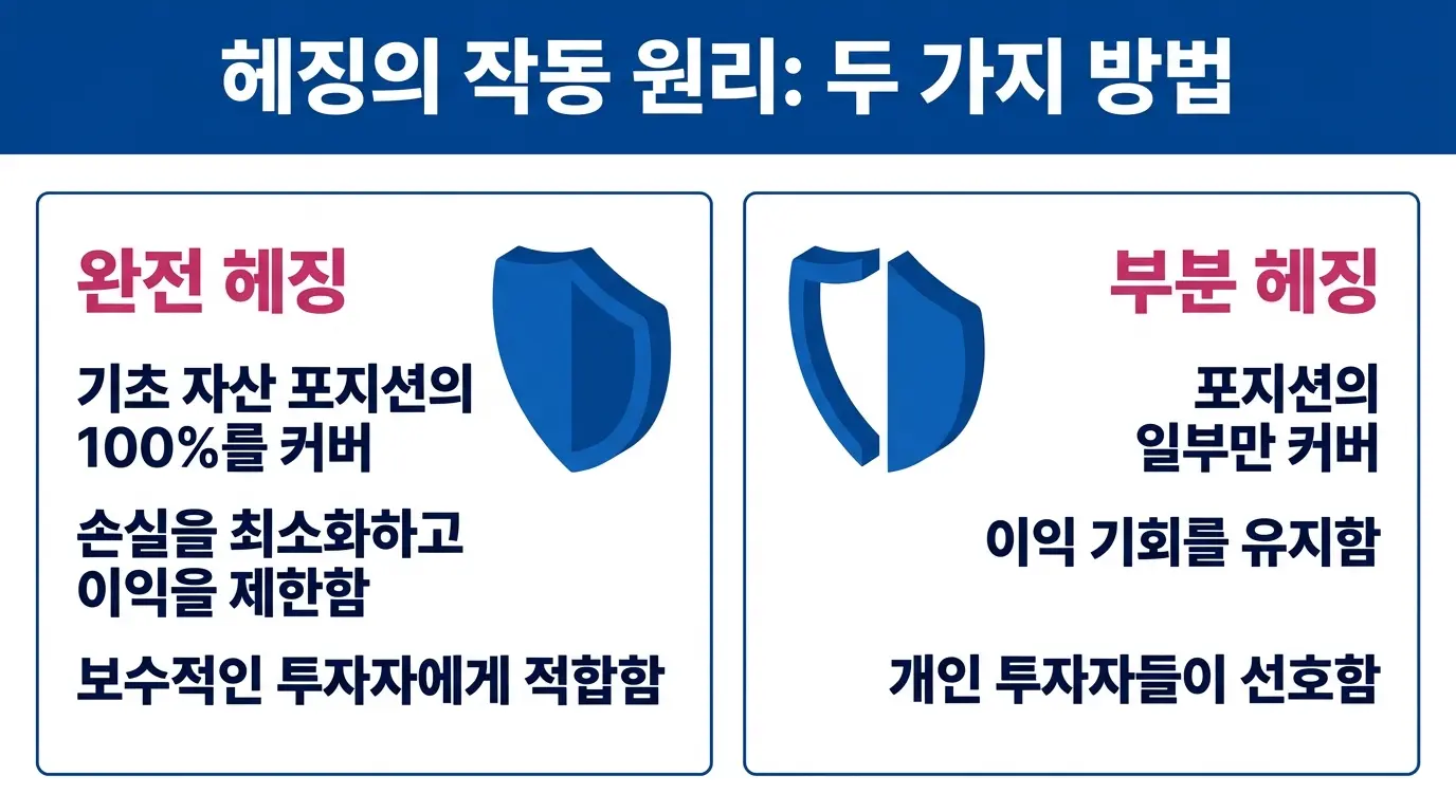 헤징 전략의 정의와 작동 원리 — 완전 헤지와 부분 헤지, 상관계수 개념을 시각화한 금융 설명 일러스트. 