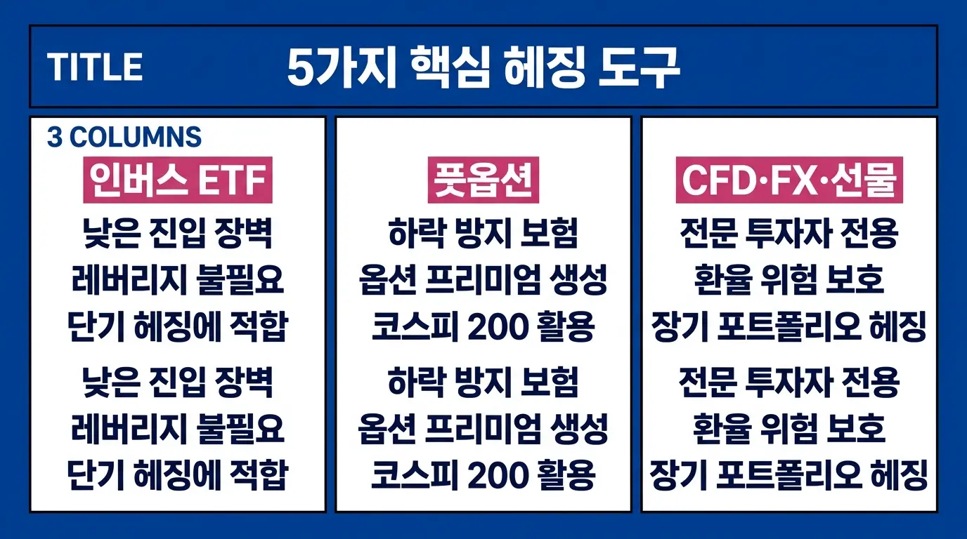 헤징에 활용되는 금융 상품 및 도구 — 인버스 ETF, 풋옵션, CFD, FX, 선물 비교 설명 일러스트. 