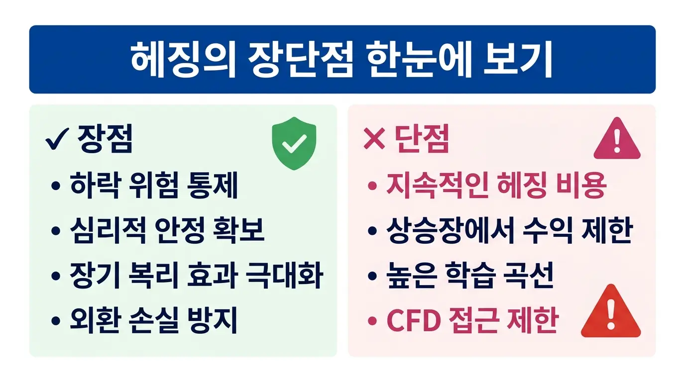 한국 개인 투자자를 위한 헤징 전략의 장점과 단점 — 리스크 제어, 복리 효과, 헤징 비용, CFD 접근 제한 비교 일러스트. 