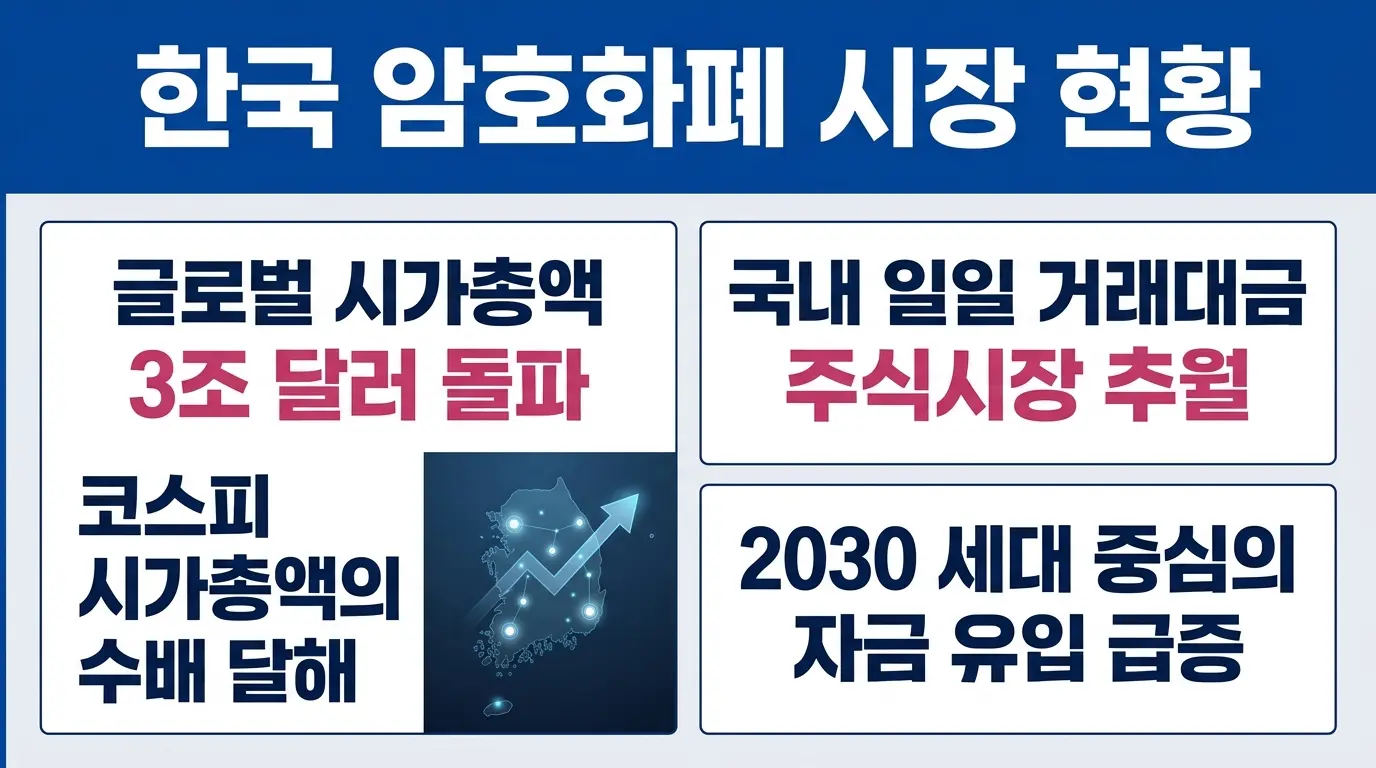 한국 암호화폐 시장 현황을 보여주는 글로벌 및 국내 시장 규모 비교 인포그래픽 일러스트레이션.