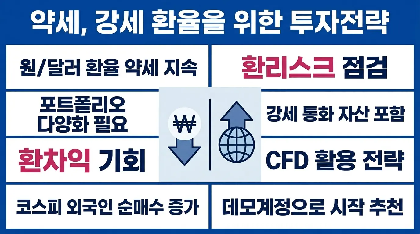 원화 약세 환경에서 한국 개인 투자자가 글로벌 강세 통화 자산에 분산 투자해야 하는 이유를 설명하는 금융 인포그래픽입니다.