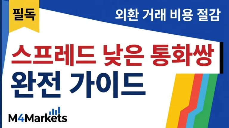 스프레드가 낮은 주요 통화쌍을 분석한 외환 거래 가이드 커버 이미지로, EUR/USD와 USD/JPY 등 핵심 통화쌍 정보를 담고 있습니다.