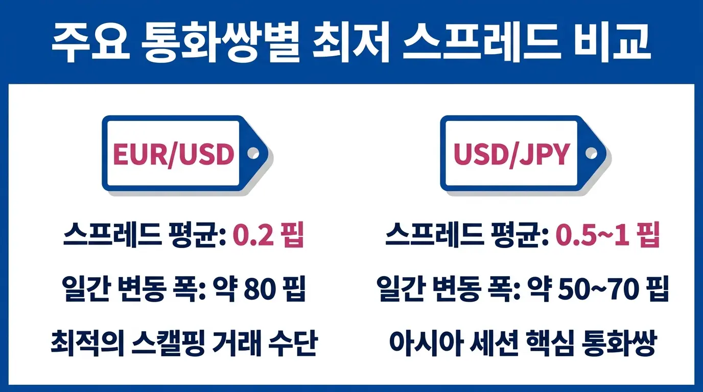 EUR/USD, USD/JPY, GBP/USD 등 스프레드가 가장 낮은 메이저 통화쌍의 특징과 스프레드 수치를 비교한 외환 정보 그래픽입니다.