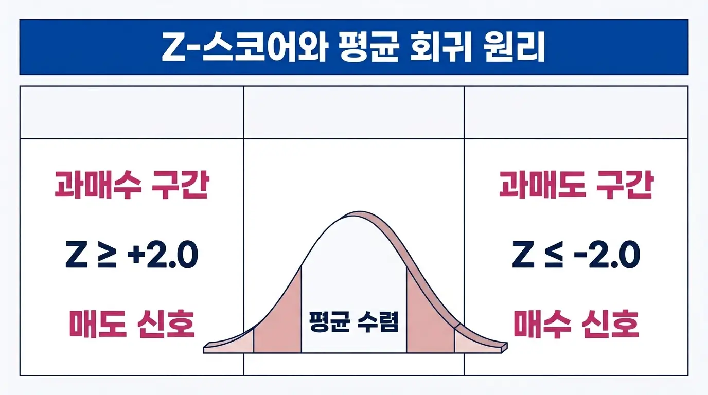 평균 회귀 전략의 작동 원리 — Z-스코어와 볼린저 밴드를 이용한 과매수·과매도 신호 판단 방법을 설명하는 인포그래픽. 
