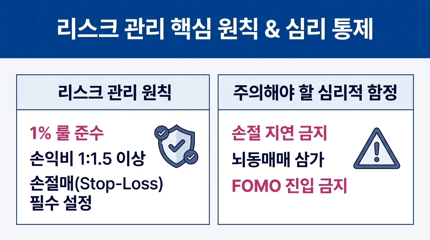 평균 회귀 전략의 리스크 관리와 투자 심리 함정 — 1% 규칙, 손익비, 과잉 매매·포모 등 심리적 위험 요소를 정리한 인포그래픽. 