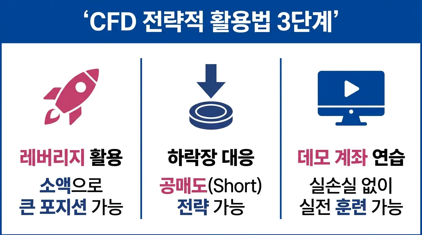 CFD 차액결제거래를 활용한 밈코인 트레이딩 전략 — 레버리지, 공매도, M4Markets 데모 계좌 활용법 인포그래픽. 