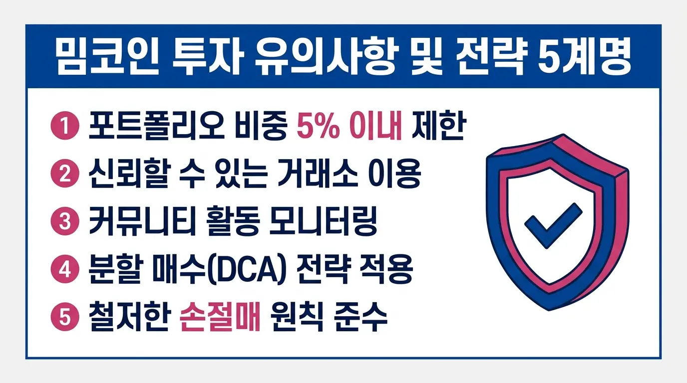 밈코인 투자 리스크와 5가지 핵심 전략 — 분할 매수, 손절선 설정, 포트폴리오 비중 제한 등 주의사항 안내 인포그래픽. 