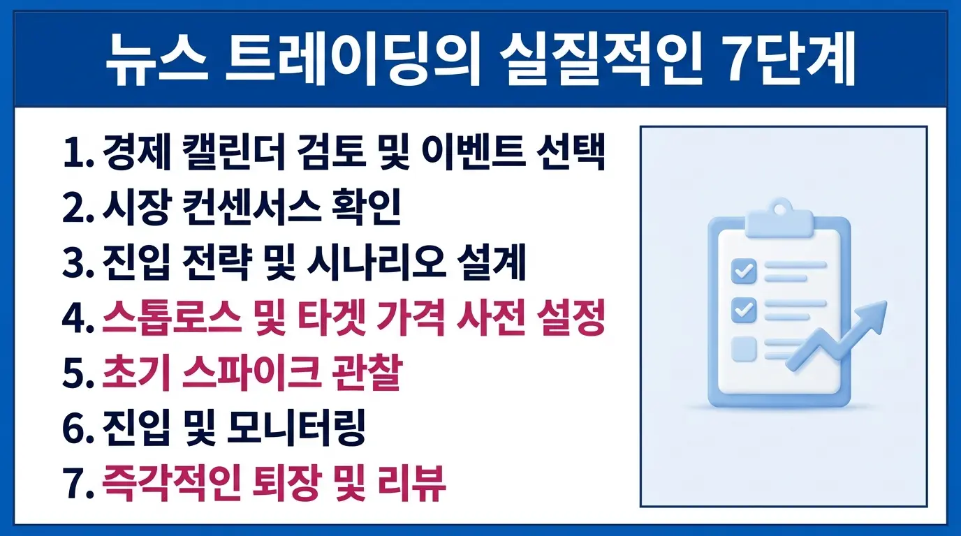 뉴스 트레이딩 실전 7단계 실행 절차를 순서대로 정리한 편집 인포그래픽 — 경제 캘린더 확인부터 청산 및 복기까지. 
