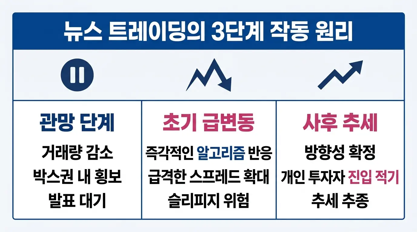 뉴스 트레이딩의 세 가지 가격 행동 단계(관망 → 초기 급등락 → 사후 추세)를 설명하는 인포그래픽 일러스트레이션. 