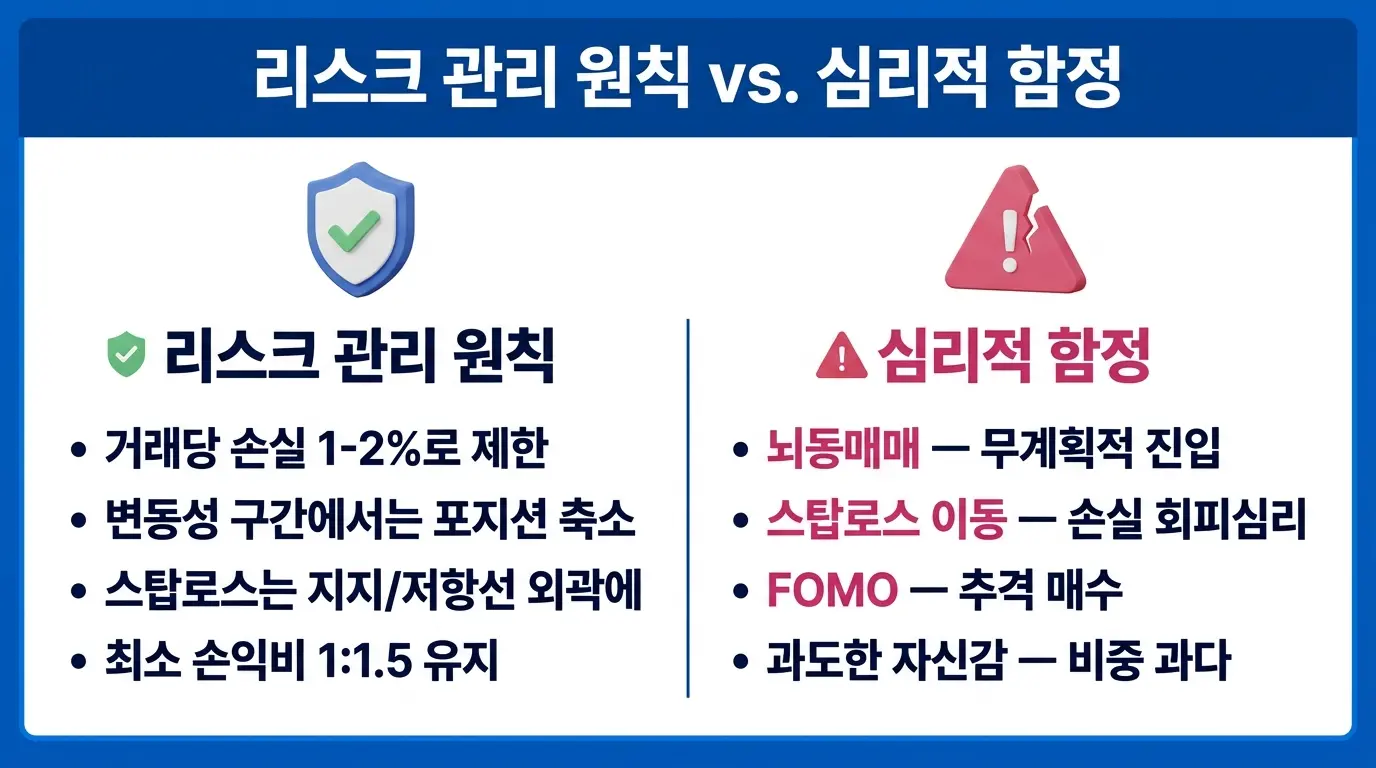 뉴스 트레이딩 리스크 관리 원칙과 심리적 함정(충동 매매, FOMO, 손절매 이동)을 시각화한 편집 일러스트레이션. 