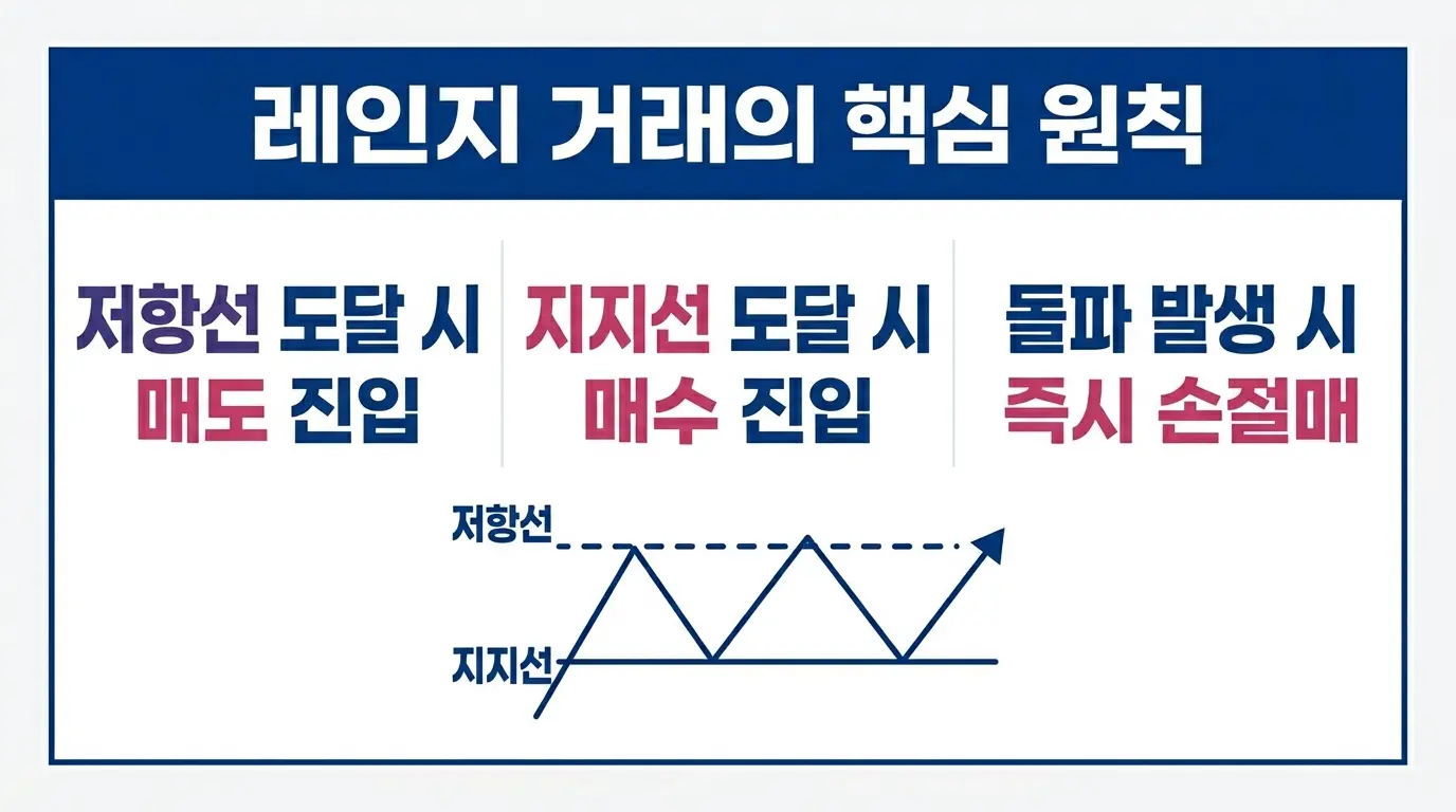 레인지 트레이딩의 핵심 메커니즘 — 지지선과 저항선 사이에서 매수·매도가 반복되는 박스권 매매 원리를 시각화한 인포그래픽. 