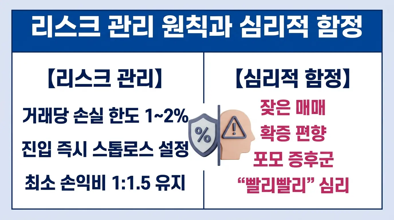 레인지 트레이딩 리스크 관리와 심리적 함정 — 과잉 매매, 확증 편향, FOMO 등 투자자가 주의해야 할 심리 요인을 정리한 인포그래픽. 