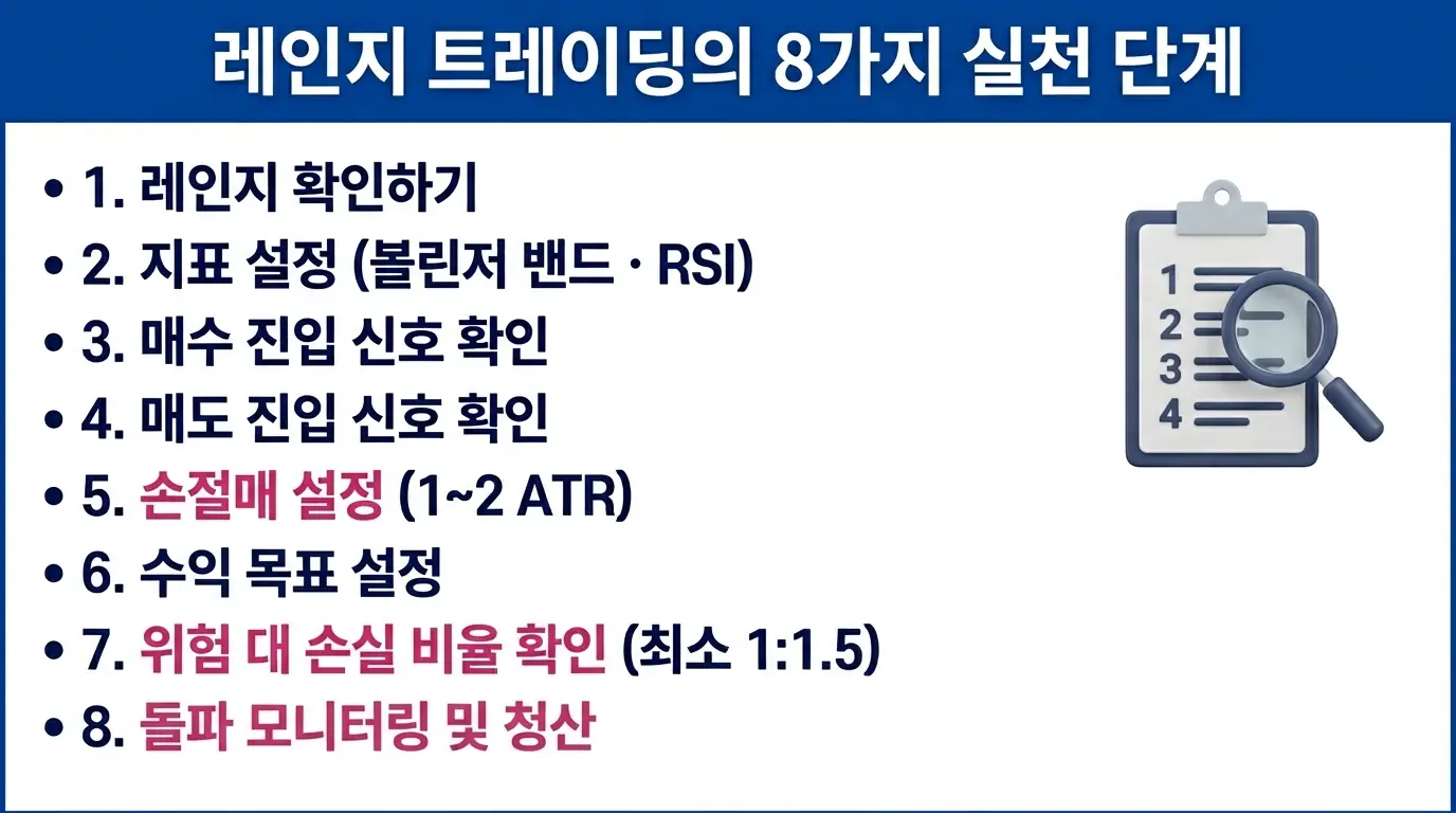 레인지 트레이딩 실전 실행 8단계 — 구간 식별부터 이탈 모니터링까지 단계별 매매 프로세스를 정리한 인포그래픽. 