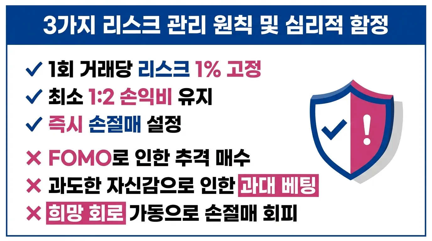 트레이딩 리스크 관리의 세 가지 핵심 원칙과 심리적 함정을 설명하는 금융 교육 인포그래픽.