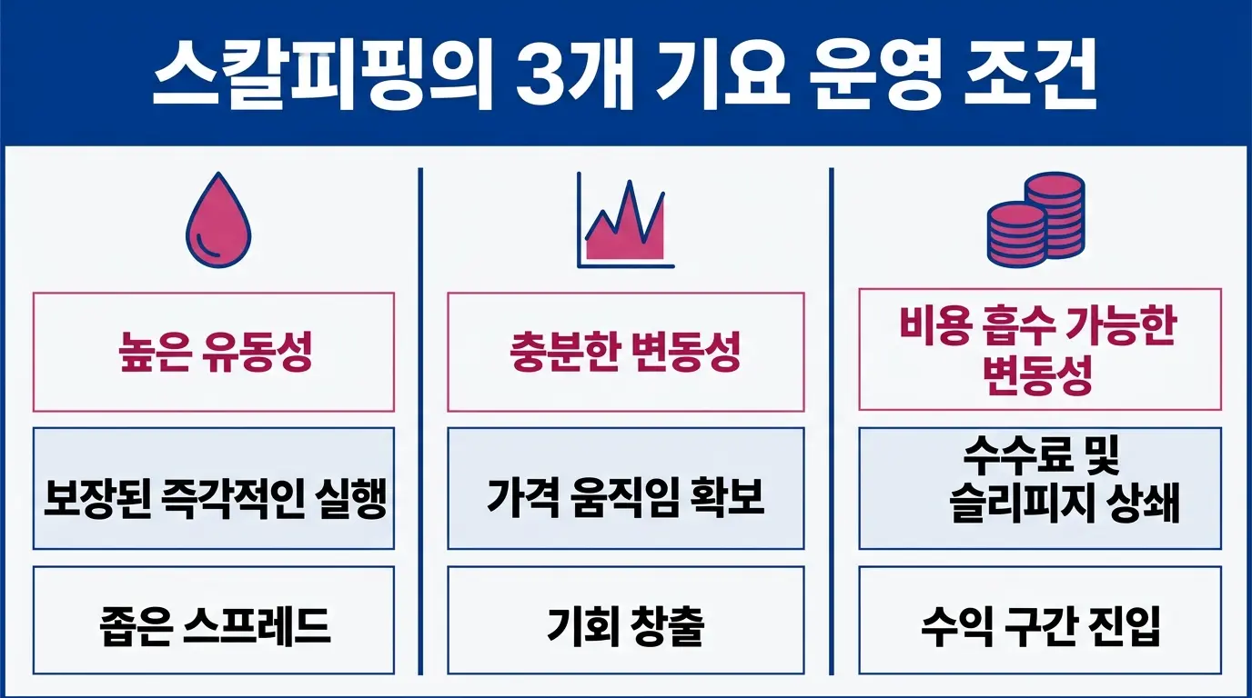 스캘핑 전략의 정의와 작동 원리를 설명하는 금융 편집 일러스트 — 유동성, 변동성, 거래 비용의 세 가지 핵심 조건을 시각화한 구조 다이어그램. 