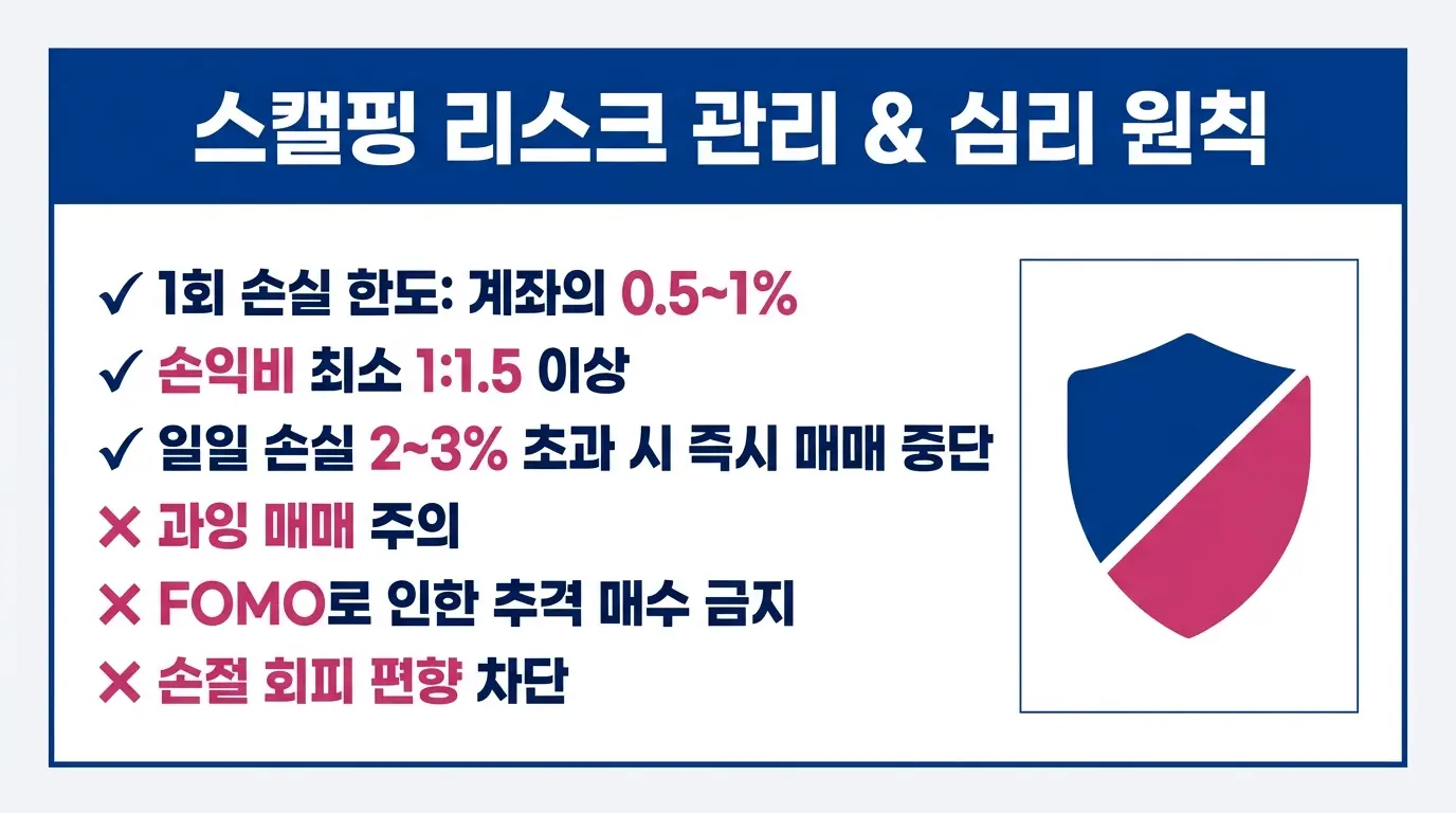 스캘핑 트레이딩의 리스크 관리 원칙과 심리적 함정을 설명하는 편집 일러스트 — 손절 설정, 일일 손실 한도, 과잉 거래 경계를 구조화한 가이드 이미지. 