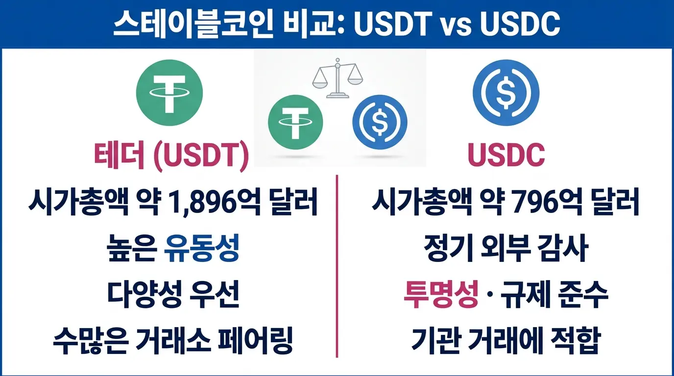 테더(USDT)와 USDC 스테이블코인의 특징과 활용 전략을 비교하는 에디토리얼 인포그래픽.