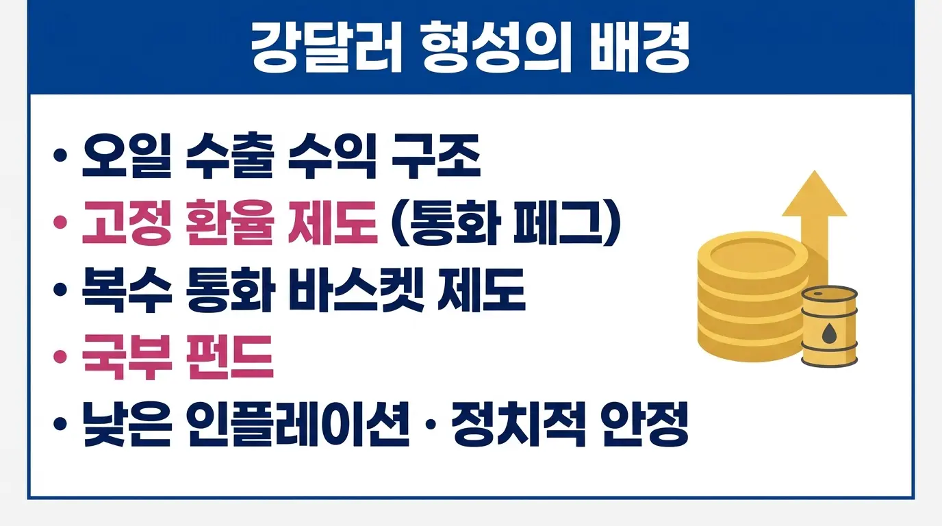 강세 통화의 정의와 형성 배경을 설명하는 금융 인포그래픽으로, 석유 수출, 고정환율, 국부 펀드 등 핵심 결정 요인을 시각화합니다.