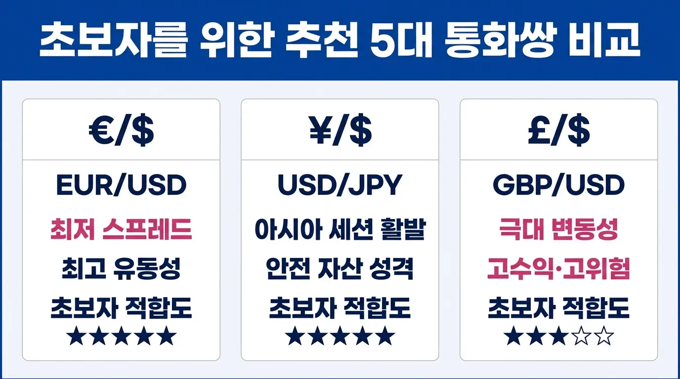 초보 외환 투자자에게 권장되는 EUR/USD, USD/JPY, GBP/USD, USD/CHF, AUD/USD 5대 통화 쌍의 특징과 적합도를 비교한 일러스트.