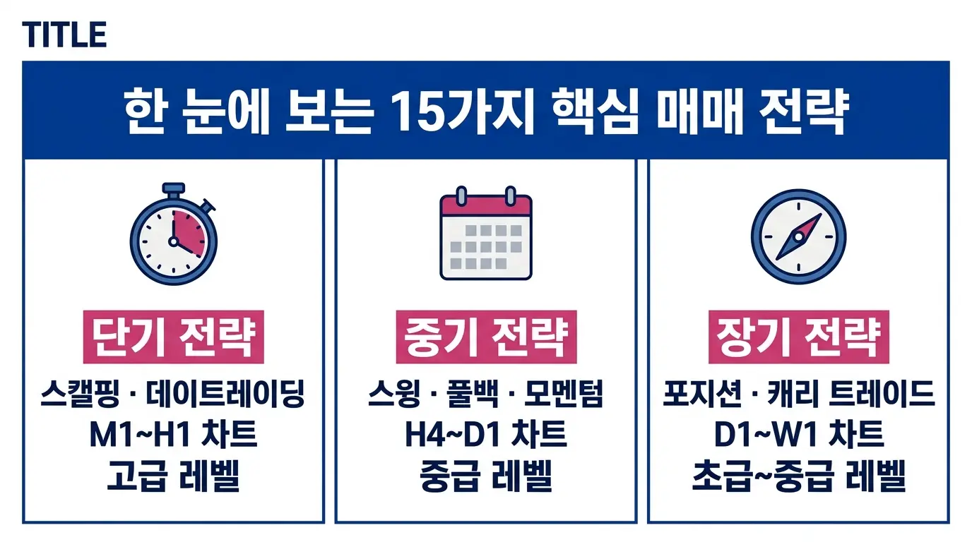 스캘핑, 스윙, 포지션 트레이딩 등 15가지 주요 트레이딩 전략을 단기·중기·장기로 분류한 개요 인포그래픽. 