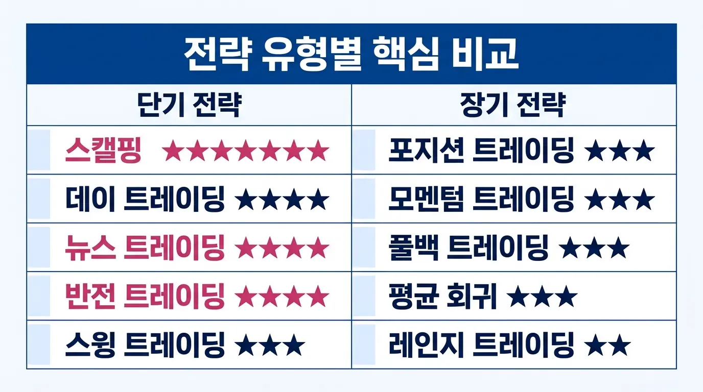 스캘핑부터 뉴스 트레이딩까지 10가지 트레이딩 전략의 시간 프레임과 난이도를 비교한 인포그래픽.