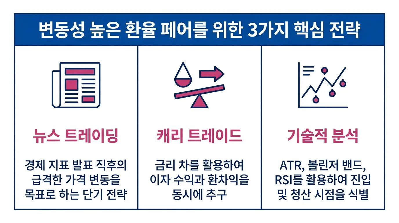 고변동성 외환 통화 쌍 거래에서 활용할 수 있는 뉴스 트레이딩, 캐리 트레이드, 기술적 분석 전략을 정리한 인포그래픽.