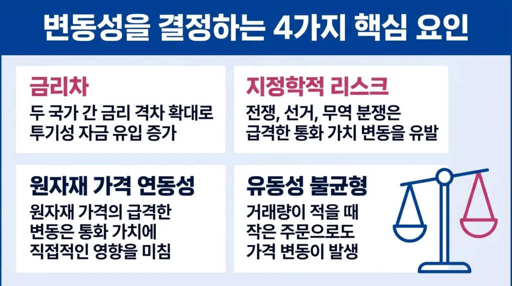 외환 시장에서 변동성의 개념과 이를 결정짓는 금리 차이, 지정학적 리스크 등 주요 요인을 설명한 인포그래픽.