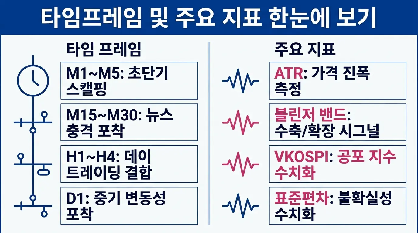 변동성 트레이딩에 사용되는 시간 프레임과 핵심 기술 지표(ATR, 볼린저 밴드, VKOSPI)를 정리한 금융 편집 인포그래픽. 