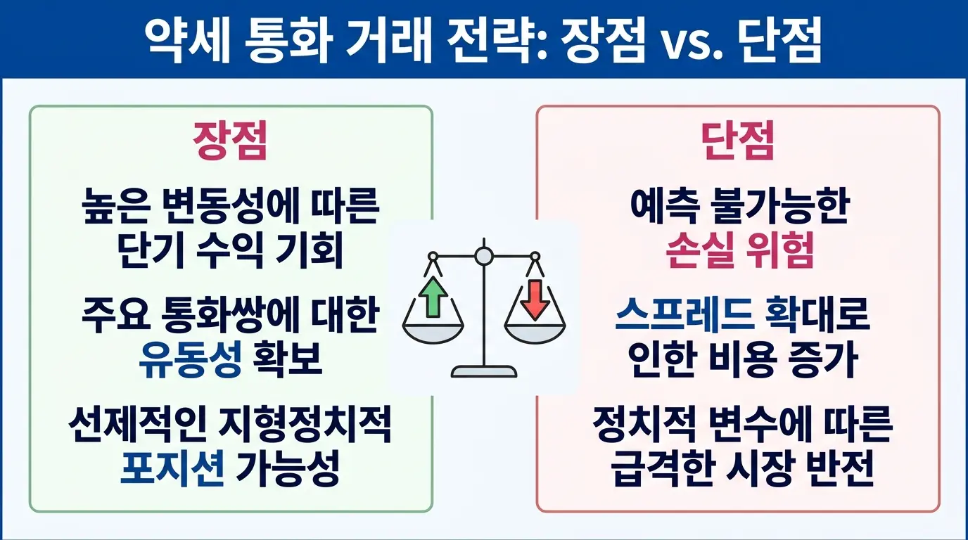 약세 통화를 활용한 외환 거래 전략의 장단점을 정리한 투자 가이드 인포그래픽. 