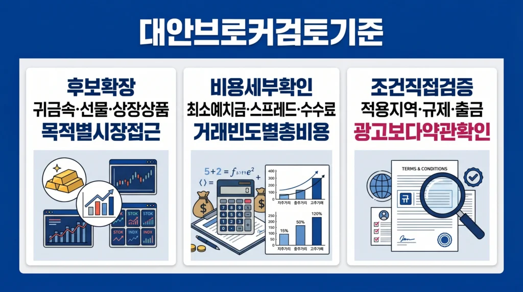 대안 금 거래 브로커의 상품 접근성, 최소 예치금, 총비용, 적용 지역과 출금 약관을 비교한 이미지.