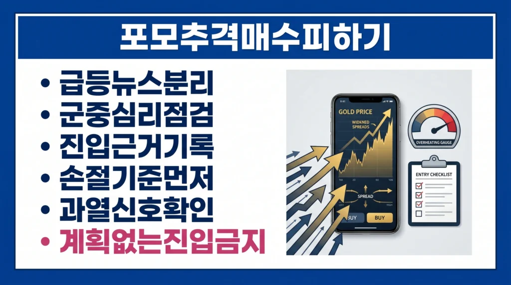 금 가격 급등과 뉴스에 휩쓸린 추격 매수 대신 과열 신호와 진입 근거를 확인하는 방법을 보여주는 이미지.