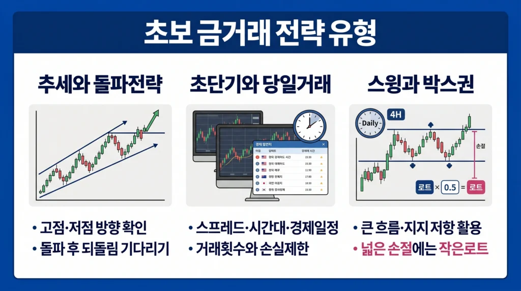 추세·돌파, 스캘핑·데이 트레이딩과 스윙·박스권 금 거래 전략의 핵심 차이를 비교한 이미지.