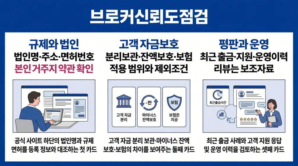 브로커의 법인과 규제 면허, 고객 자금 분리, 잔액 보호, 출금 이력과 평판을 점검하는 이미지.