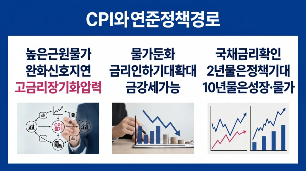 근원 CPI와 물가 둔화가 연준 금리 전망, 국채 수익률과 금 시장 방향을 바꾸는 구조를 보여주는 이미지.