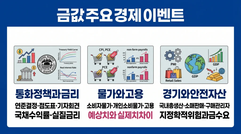 연준, 물가, 고용, 경기 지표와 지정학적 위험이 달러·실질금리를 통해 금값을 움직이는 구조를 정리한 이미지.