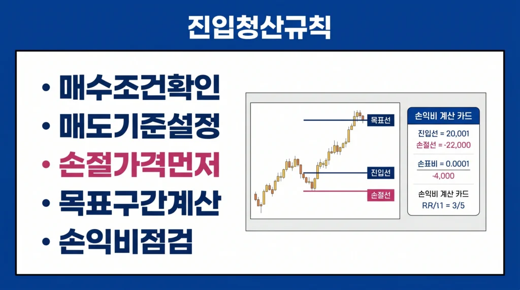 금 매매에서 진입, 청산, 손절 가격과 목표가를 숫자로 정리하는 규칙을 보여주는 이미지.