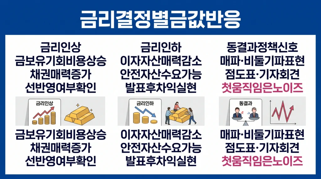금리 인상, 인하와 동결이 기회비용, 안전자산 수요와 정책 신호를 통해 금값에 미치는 영향을 비교한 이미지.