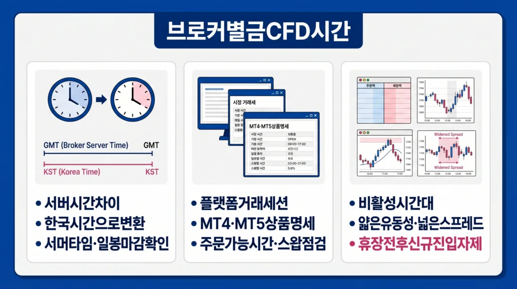 브로커 서버 시간과 한국 시간 차이, MT4·MT5 금 CFD 세션과 저유동성 시간의 위험을 설명한 이미지.