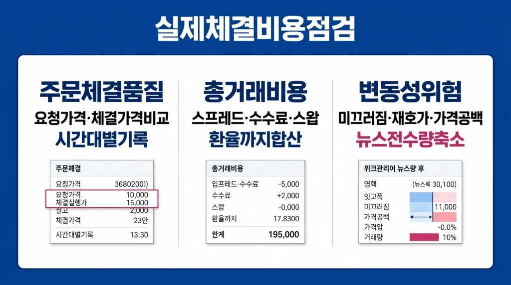 금 거래의 주문 체결 차이, 스프레드, 수수료, 스왑, 환율과 뉴스 시 슬리피지 위험을 정리한 이미지.