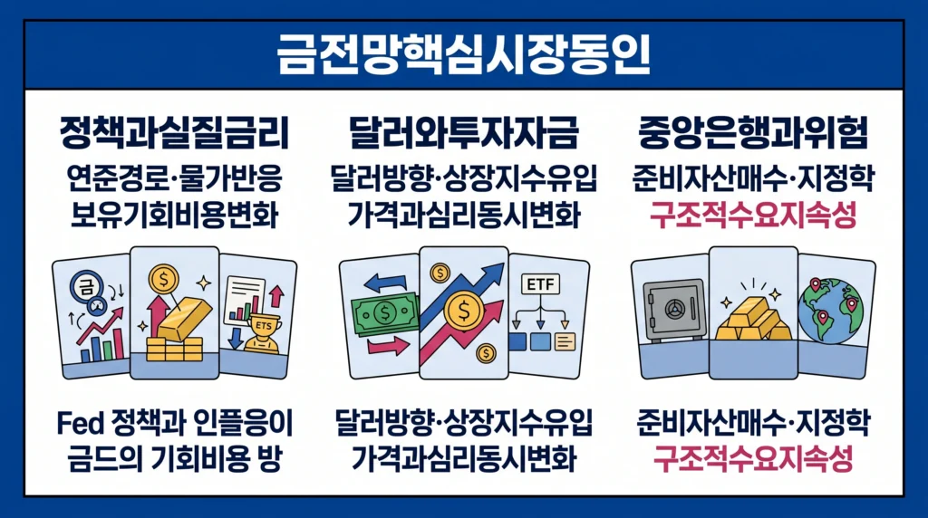 연준 정책, 실질 금리, 달러, ETF 자금과 중앙은행 수요가 장기 금 전망을 좌우하는 구조를 보여주는 이미지.
