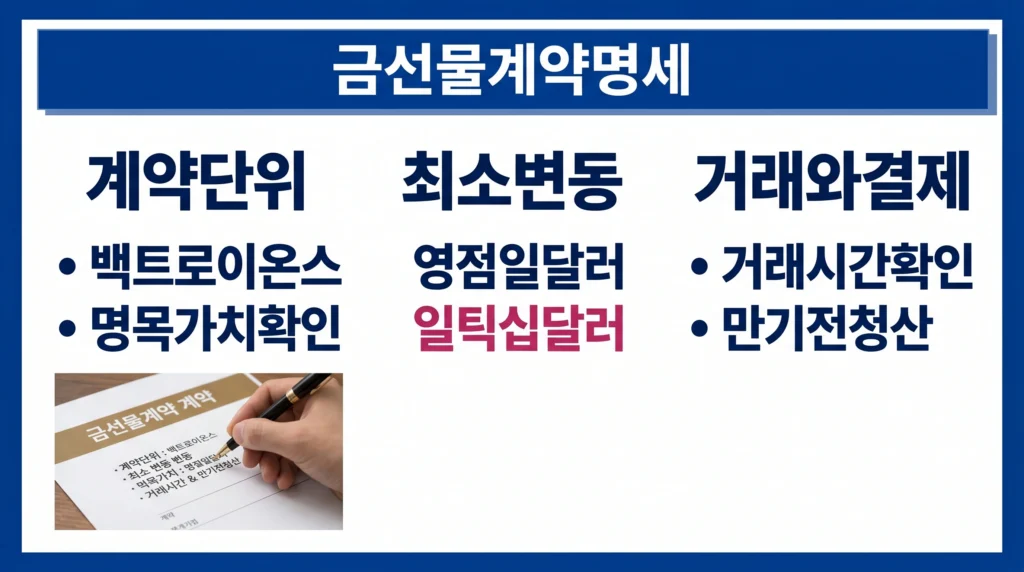 금 선물의 계약 단위, 최소 가격 변동, 틱 가치, 거래 시간과 만기 조건을 정리한 이미지.