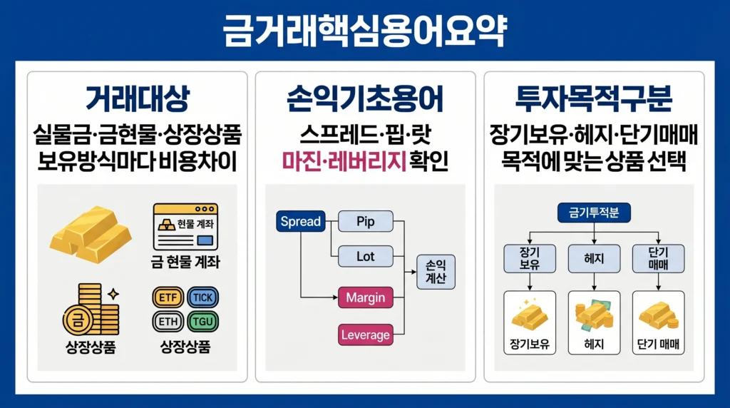 금 투자 상품의 보유 방식과 스프레드, 핍, 랏, 마진, 레버리지의 역할을 요약한 이미지.