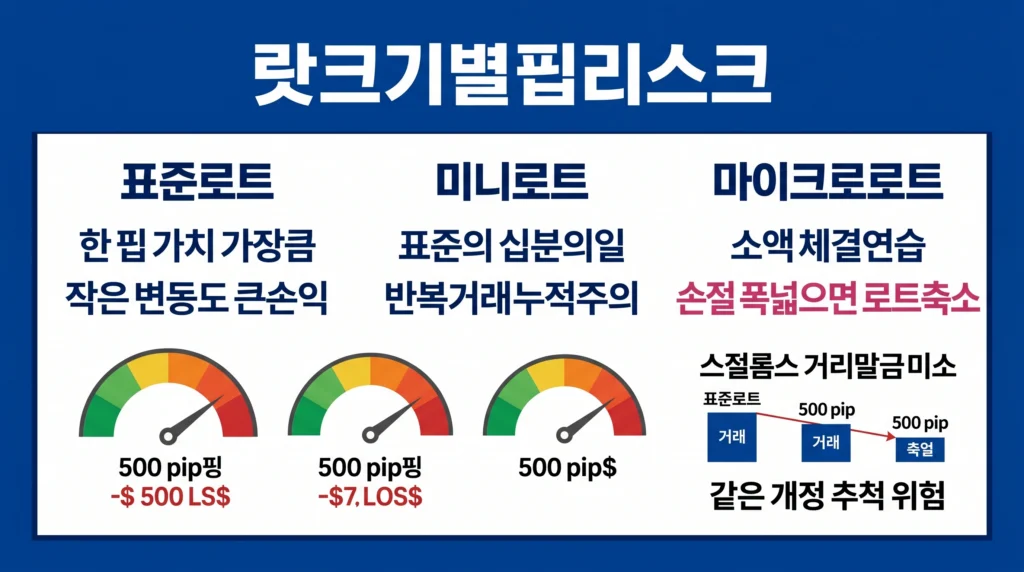 표준·미니·마이크로 로트별 핍 가치와 손절 거리에 따른 실제 계좌 위험 차이를 비교한 이미지.
