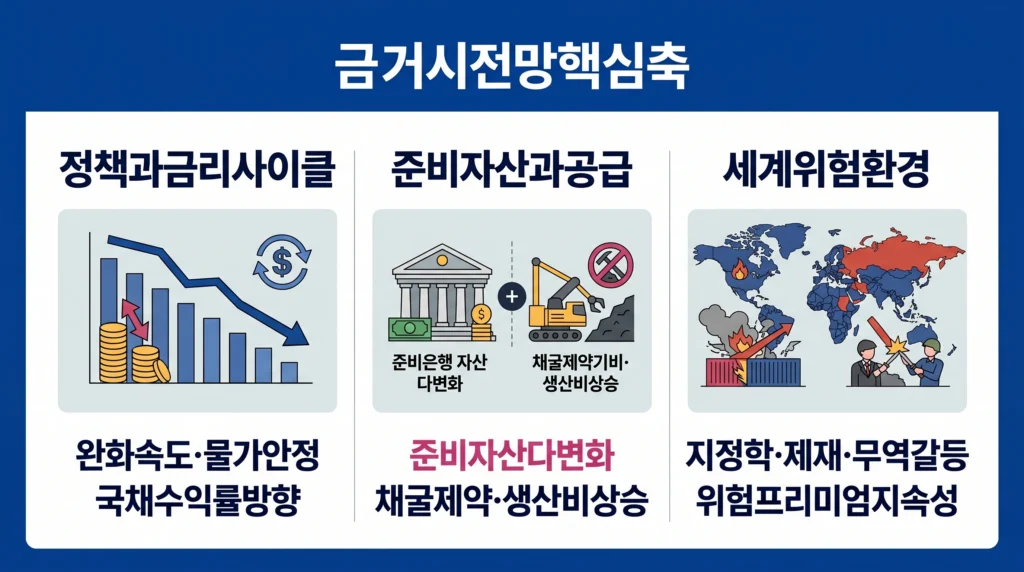 통화정책 사이클, 준비자산 다변화, 채굴 공급과 지정학적 위험을 장기 금 전망의 핵심 축으로 보여주는 이미지.