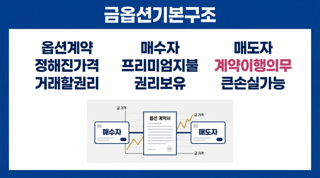 금 옵션 계약에서 매수자의 권리와 매도자의 의무, 프리미엄 구조를 설명한 이미지.