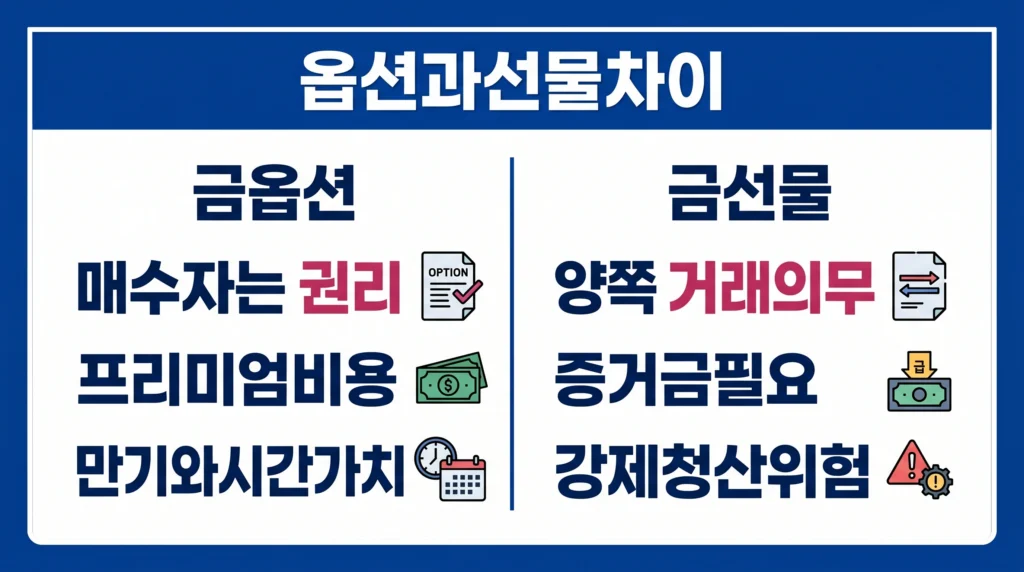 금 옵션의 권리 구조와 금 선물의 거래 의무, 프리미엄과 증거금 차이를 비교한 이미지.