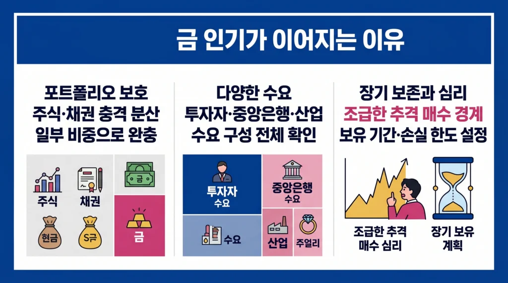분산 효과, 중앙은행과 산업 수요, 장기 자산 보존과 추격 매수 위험을 함께 설명한 이미지.