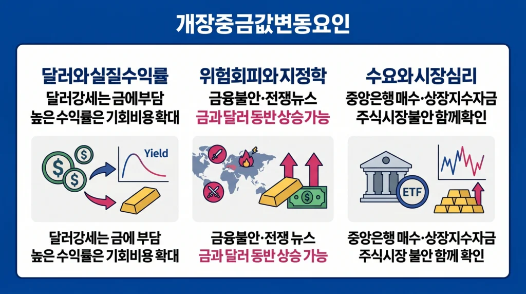 달러, 실질 수익률, 지정학적 위험, 중앙은행 매수와 투자 자금이 장중 금값에 미치는 영향을 설명한 이미지.