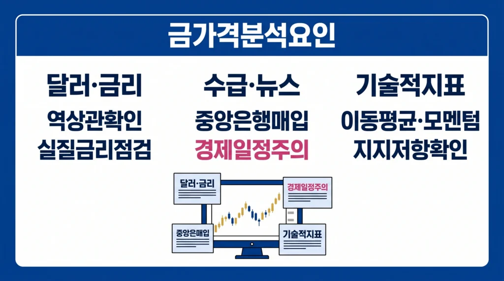 달러, 실질 금리, 중앙은행 수요, 경제 뉴스와 기술적 지표로 금 가격을 분석하는 이미지.